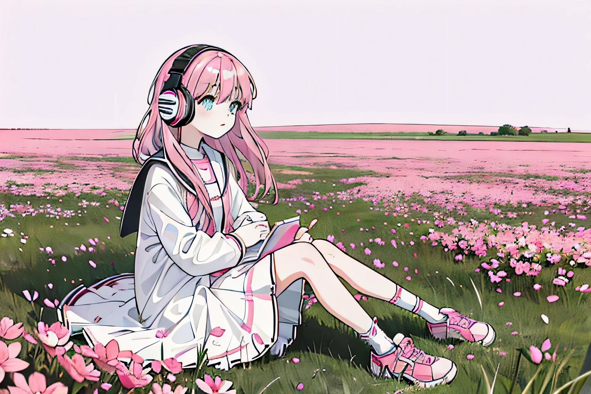 Super high quality by the art god, High resolution, pink hair, alone, girl, junior high school student, wearing headphones, no background, pink background, full body angle, sit on the meadow