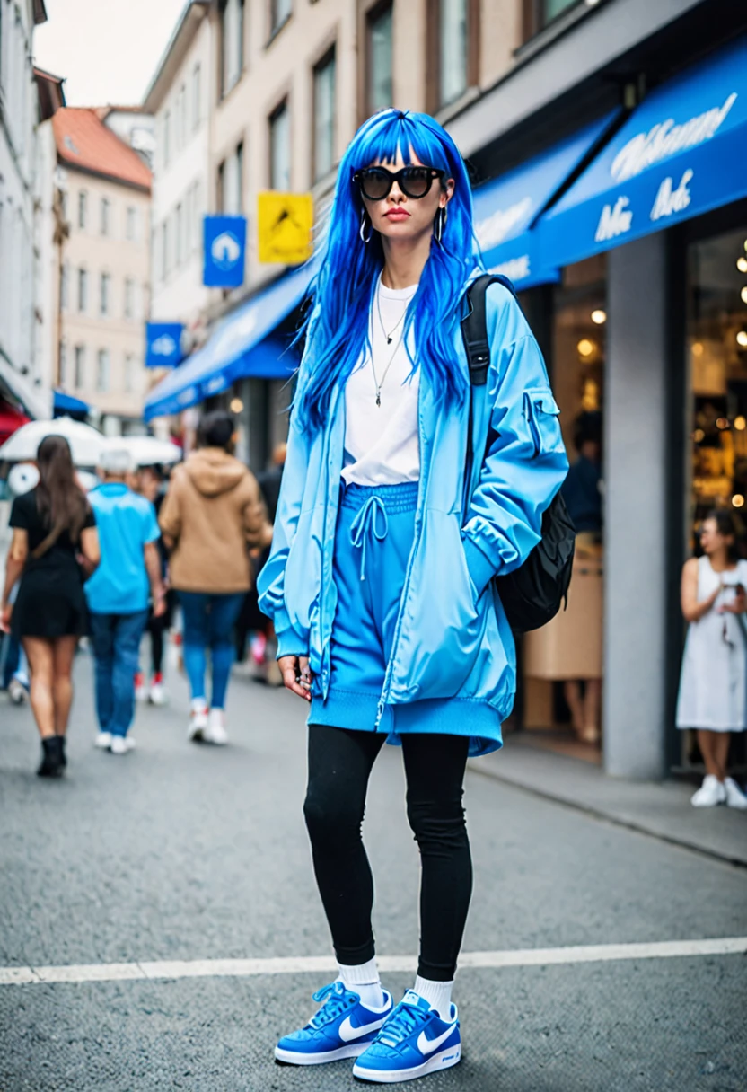 blue hair。Best Anamorphic Lens Photography。Women with freckles。Shopping street in the background。background is blurry。fashionable。I&#39;m wearing Air Force Nike sneakers.。Standing and showing the whole body。Shuttered streets。I&#39;m wearing high socks。She wears sunglasses and has earrings in her ears。Shooting from a distance with the whole body in view。