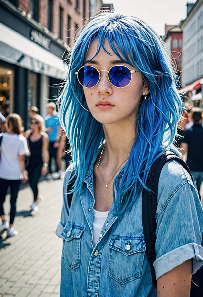 blue hair。Best Anamorphic Lens Photography。Women with freckles。Shopping street in the background。background is blurry。fashionable。I&#39;m wearing Air Force Nike sneakers.。Standing and showing the whole body。Shuttered streets。I&#39;m wearing high socks。She wears sunglasses and has earrings in her ears。Shooting from a distance with the whole body in view。