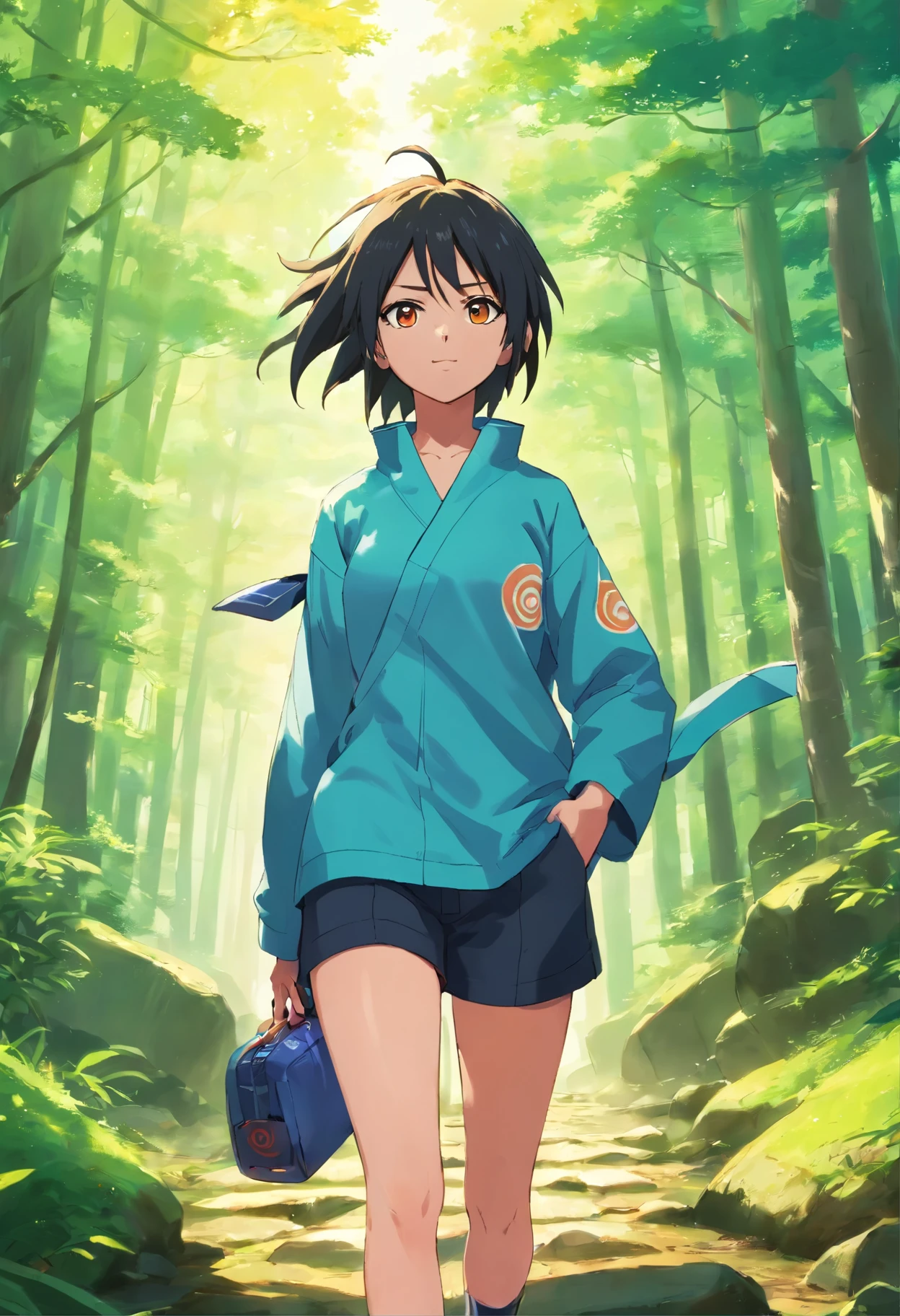 Naruto anime,un joven de cabello azul largo un poco esponjado,con un mechon cubriendole la cara,con lentes de color negro,Brown eyes,una camisa color cafe con un uniforme de ninja color rojo,con su banda ninja en su cintura,usando unas medias color blanco,usando unas vendas en el cuello,csin las marcas en su cara,con sus chanclas negras,bastante timido en el bosque.