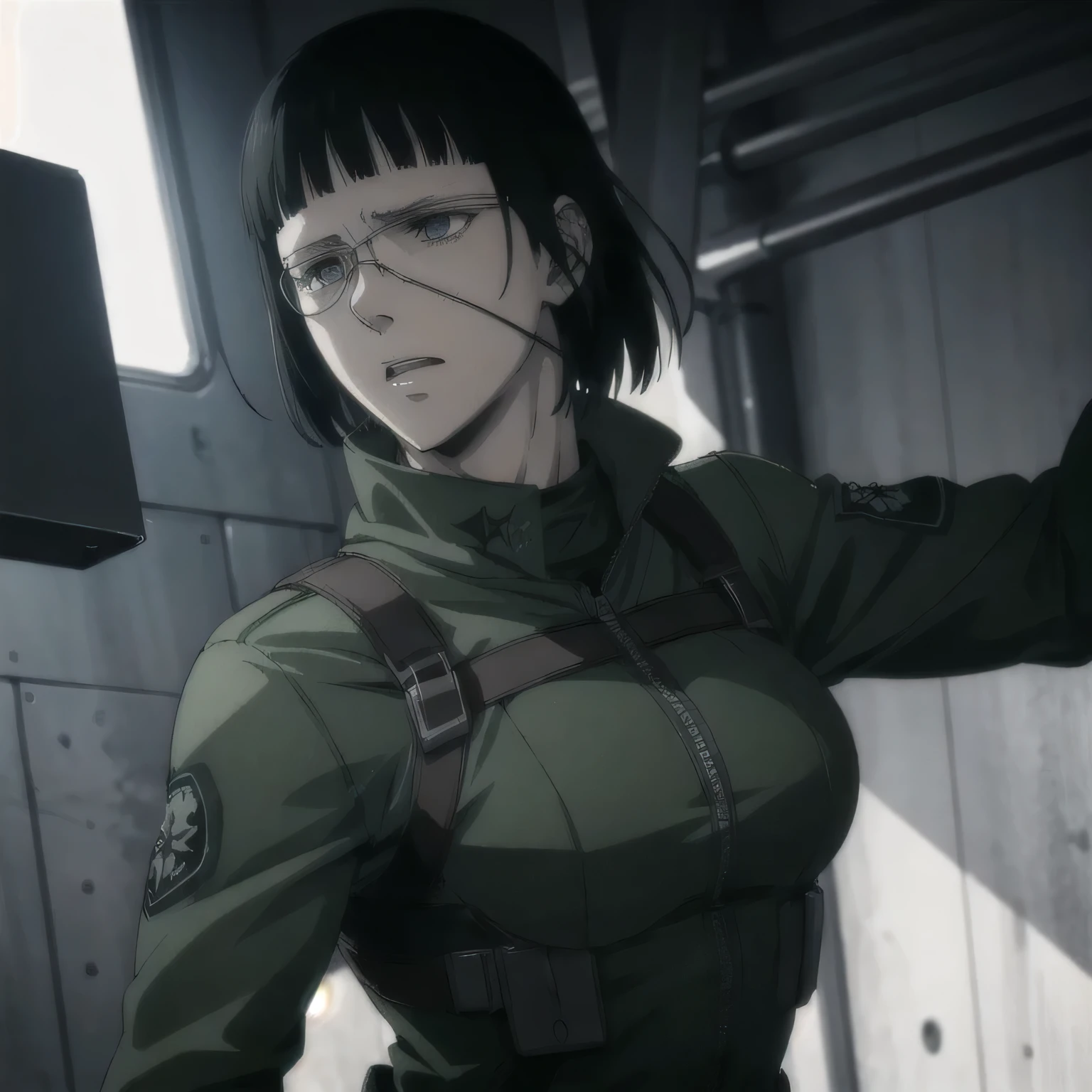 (best quality,ultra-detailed,realistic:1.37),musclaur badass girl wearing Winter jacket , full review of the female character's face and body, intense expression, strong and confident posture, studio lighting, vivid colors, physiologically-based rendering, grungy texture, rugged background, dust particles in the air, commanding presence, professional, powerful, gritty aesthetics,,Valmet،short hair,