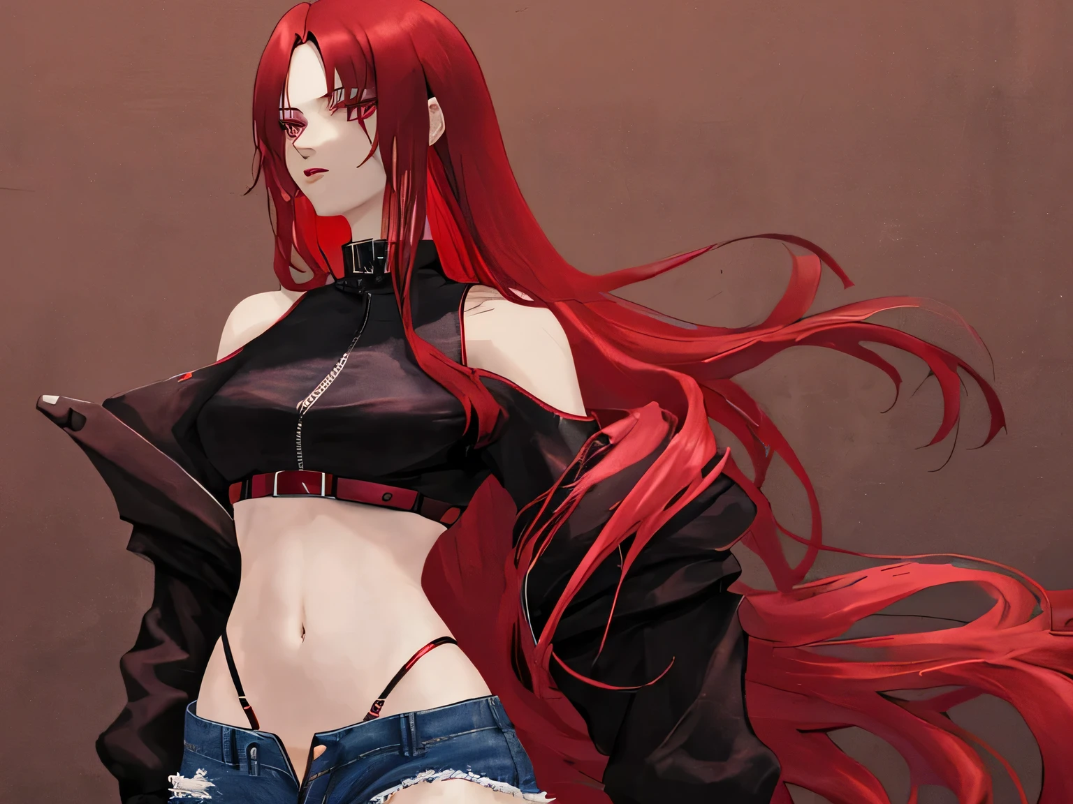 woman with long crimson hair wearing black crop top with off shoulder jacket and black unzipped short jeans showing her dark red panties