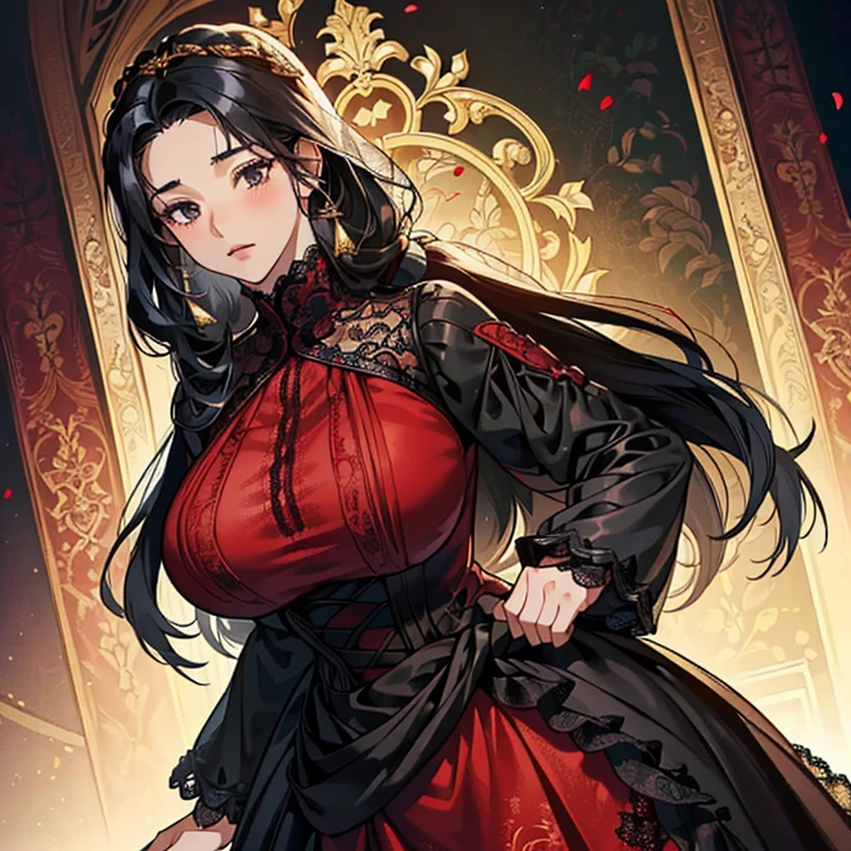 (Anime Moe Style)),((game CG)),(masterpiece),(highest quality), (Super detailed),shape,((very delicate and beautiful)), ,embarrassed expression,looking at the viewer,(((18 years old female)),((whole body)),detailed face and eyes,Intense eyes like jewels,(long ponytail),,,(super huge breasts,Long and saggy breasts,) plump body black hair, black eyes A long-sleeved, long-skirted dress made of gorgeous lace. A body-hugging lace dress made of red and black lace fabric and semi-transparent with gold threads. A wedding dress.