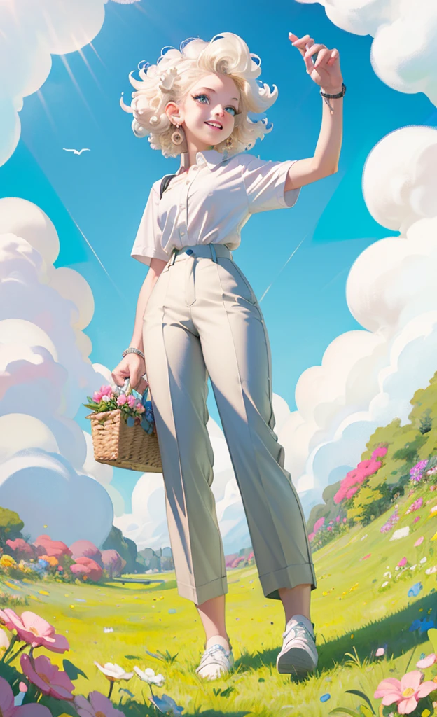 masterpiece, best quality, 1girl, short curly hair, platinum blonde hair, shirt, trousers, fluffy clouds, bright, vibrant, happy