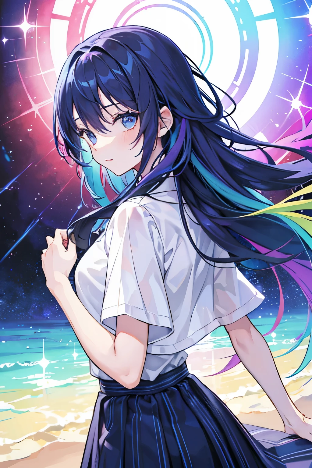 A girl with indigo-colored hair and a rainbow-colored aura