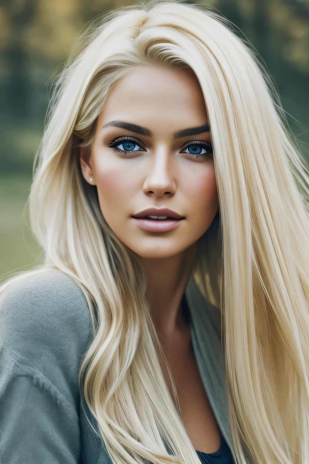 Photorealistic of a insanely beautiful woman with blonde windy messy hair, in the style of panasonic lumix s pro 50mm f/1.4, light beige and dark azure, celebrity images mashups, soft realism, barbiecore, unreal engine 5, 32k uhd, luminous quality, swiss realism, niji 5