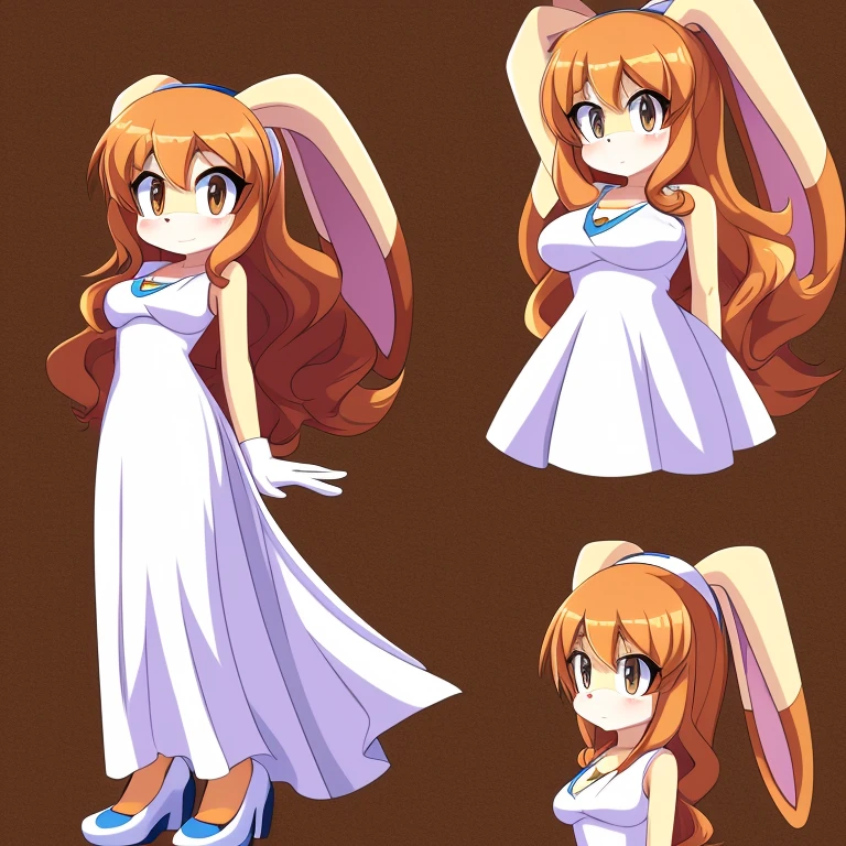 Female, Mobian, Rabbit, Cream the Rabbit sonic the hedgehog \(series\), rabbit girl, ((solo)), ((1girl)), ((hairstyles, long wavy hair with curtain side bangs, similar to Maria)), brown eyes, blushing, serious/mad, young adult, average sized breasts, hair on top of shoulders, long peach hair color that’s is wavy, wearing a white dress, white heels, white gloves, arms crossed, many poses (((2D Anime Style))),