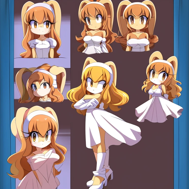 Female, Mobian, Rabbit, Cream the Rabbit sonic the hedgehog \(series\), rabbit girl, ((solo)), ((1girl)), ((hairstyles, long wavy hair with curtain side bangs, similar to Maria)), brown eyes, blushing, serious/mad, young adult, average sized breasts, hair on top of shoulders, long peach hair color that’s is wavy, wearing a white dress, white heels, white gloves, arms crossed, many poses (((2D Anime Style))),