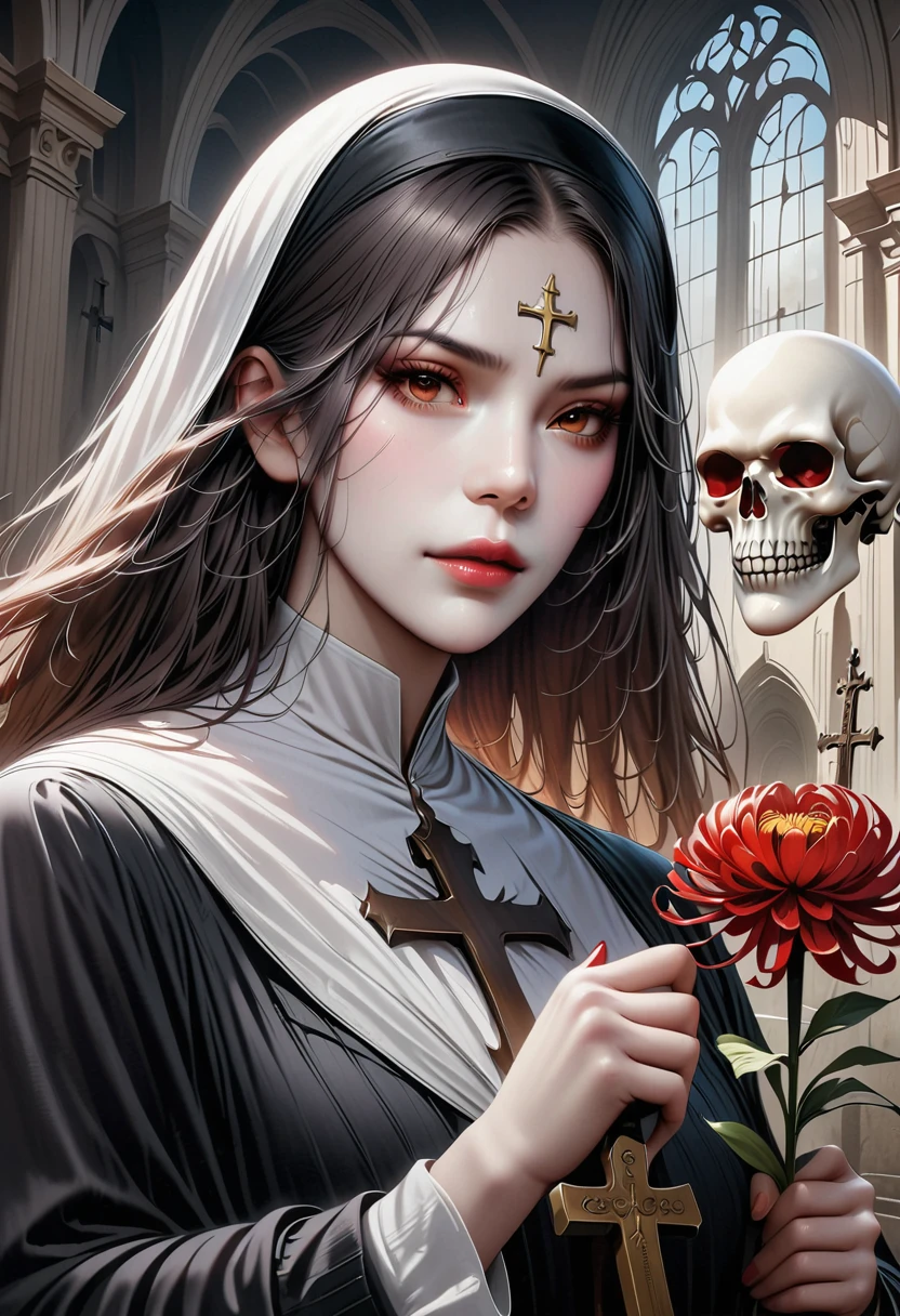 (best quality,4K,8K,high resolution,masterpiece:1.2),ultra-detailed,(realistic,photorealistic,photo-realistic:1.37),Giant cross:1.37,nun,Nun and the Skeleton Godfather in the church,bloody,red lily,red chrysanthemum,flame,light