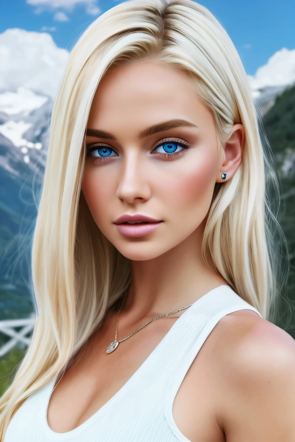 An ultra hot gorgeous European blonde woman, age 23, she’s a playmate, men magazine model. Her face and her body pose illustrate (((she’s annoyed, angry, aggressive, upset))). Random color sheer lace bra. ((Outside, at night, snowy landscape, northern lights)). Perfect anatomy, perfect hair, perfect breast, perfect body, perfect hands, perfect face, perfect eyes, accurate, anatomically correct, perfect clear and crisp focus, UHD, masterpiece,