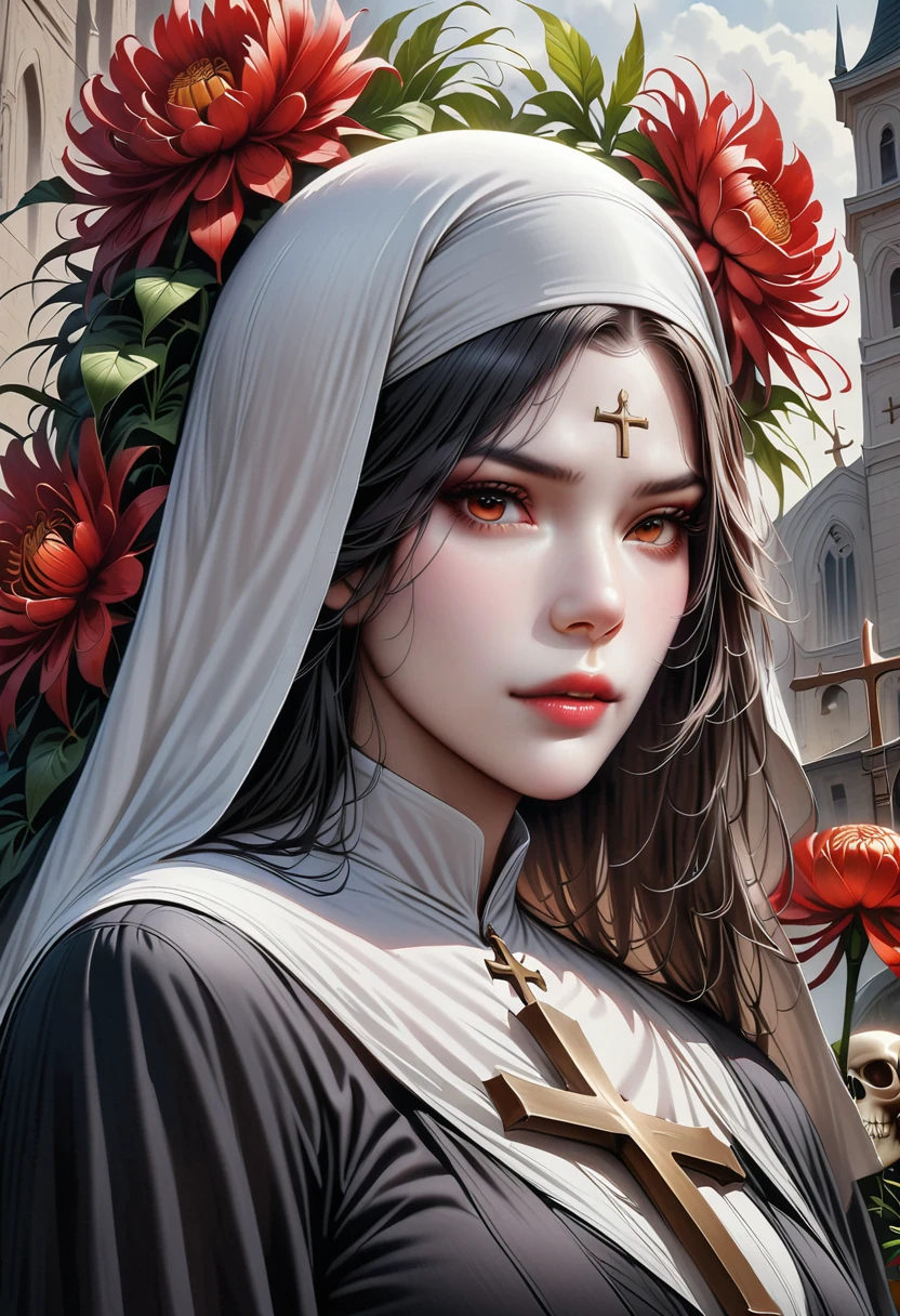 (best quality,4K,8K,high resolution,masterpiece:1.2),ultra-detailed,(realistic,photorealistic,photo-realistic:1.37),Giant cross:1.37,nun,Nun and the Skeleton Godfather in the church,bloody,red lily,red chrysanthemum,flame,light