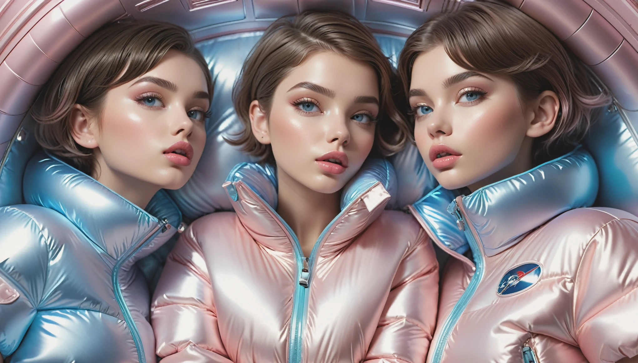 Masterpiece, Best Quality, Full figure, ((2 cute girls kissing in a light pink blue open shiny puffer, short sleeves, small perky breasts, extremely detailed face, beautiful detailed slightly open eyes, beautiful detailed lips, pixie side shaved hair, small hips, in a spaceship, on bed, ultra wide view))