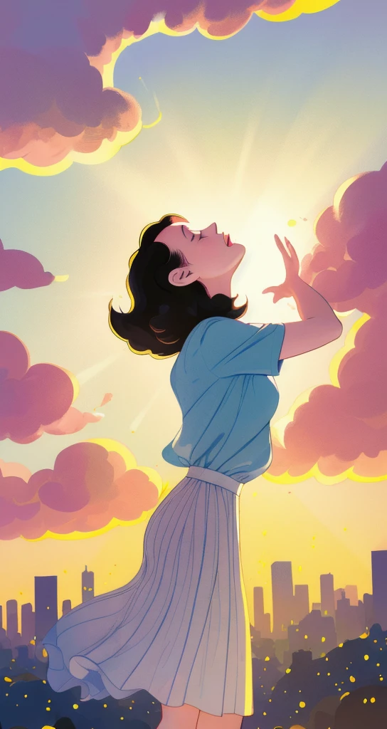 estilo s superpoderosas, illustration of a girl floating in the sky, tissue, cabelo flutuante, fechar-se, soft, warm lighting, Sunset, nuvem, nuvemy sky, (sparks:0.7), (light particles:1.1), volumetric lighting, presumptuous, sorriso pretensioso