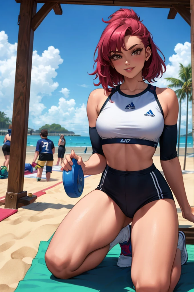 masterpiece, ultra-detailed, 80's anime (style), 2D, megapixel, perfectionism, full HD , 4K, (windjammers:0,9), sport game, mature anime woman, 1girl, looking at viewer, full body, brown hair and pink hair, short hair, weird hair, smile, lips, eyelashes, small breasts gym_uniform, gym shorts, headband, sports bra, elbow pad, knee pad, extreme sports outfit 80's theme, beach background, frisbee, flying disc, flying disc game, beach court, sea, sun in the sky, sports wear, woman