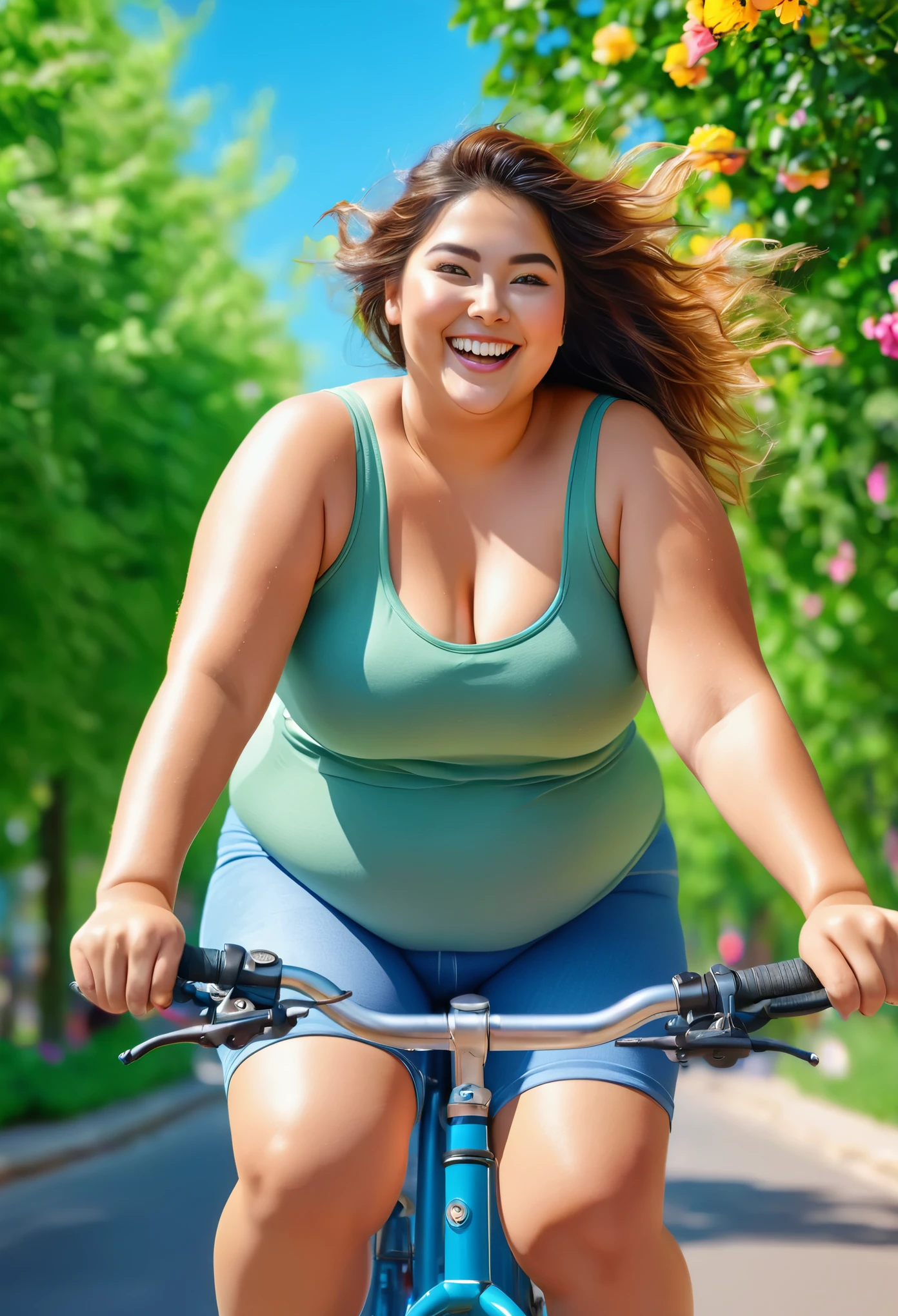 a fat woman riding a bicycle, colorful background, vibrant colors, detailed face, happy expression, beautiful detailed eyes, charming smile, glowing skin, realistic rendering, high resolution, studio lighting, scenic view, blooming flowers, green trees, blue sky, sunny day, summer vibes, energetic, active lifestyle, healthy living, outdoor activity, exercise, leisure, confident, joy, bright colors, dynamic pose, motion blur effect, positive energy
