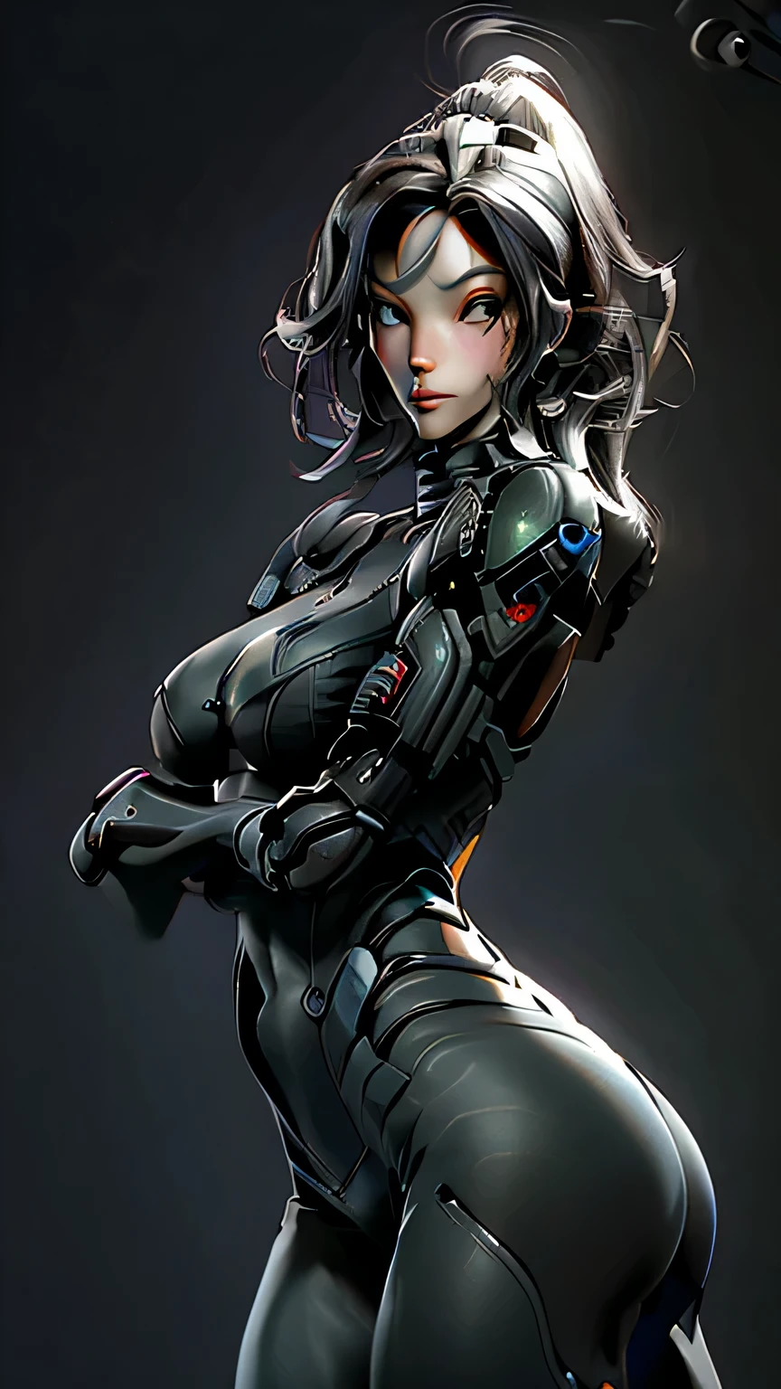 (Female Robocop: 1.0), Beautiful and detailed face with expressive features, (Slender body: 1.2), Slim waist and hourglass figure, (Large breast: 1.4), Thin thigh, (Realistic robot: 1.3), Wearing a fitted exoskeleton, (Skinny body: 1.0), Muscular build, (Fat ass: 1.4), Round and jutting buttocks, (Realistic pistols: 1.4), Wielding two pistols with precision, (Tall stature: 1.5), Standing confidently amongst the ruins of the deserted street, (