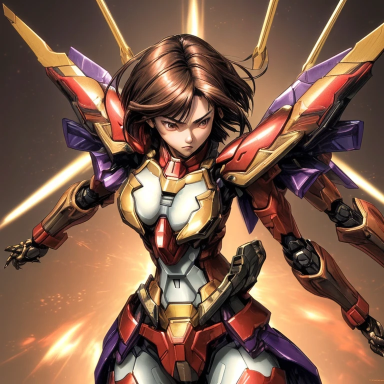 Gorgeous Japanese girl,Short brown shoulder length hair,Chest size 45,Wearing the Freedom Gundam armor.,Show off your breasts.,stand in attack stance,The background is colorful and beautiful.,Highly detailed images,Close-up photo