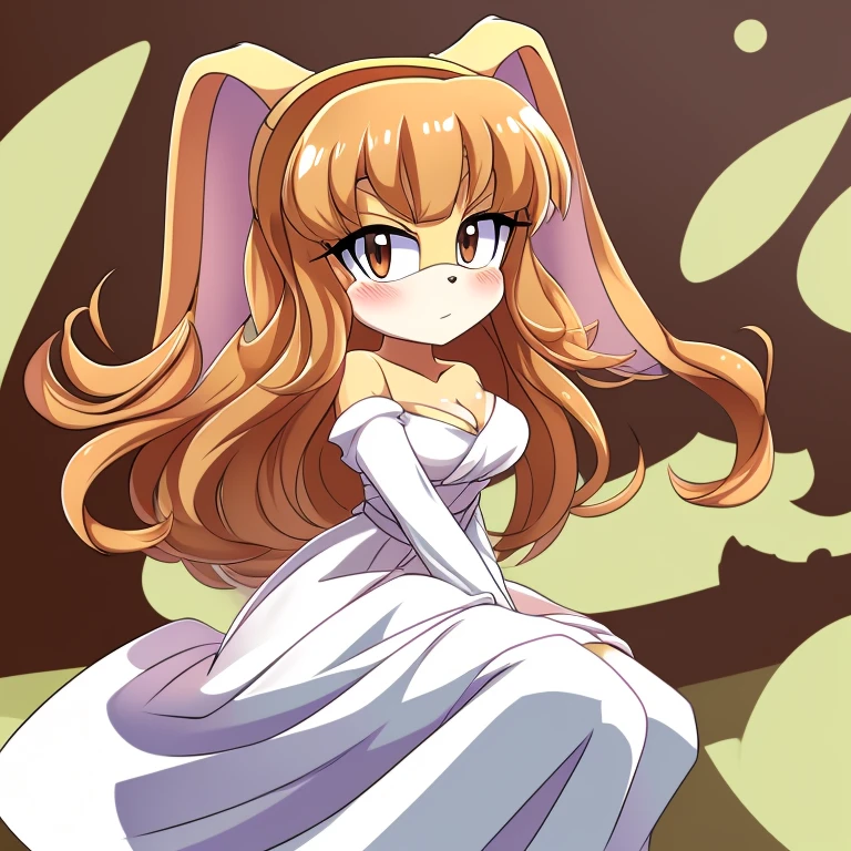 Female, Mobian, Rabbit, Cream the Rabbit sonic the hedgehog \(series\), rabbit girl, ((solo)), ((1girl)), ((hairstyles, long wavy hair with curtain side bangs, similar to Maria)), brown eyes, blushing, serious/mad, young adult, average sized breasts, hair on top of shoulders, long peach hair color that’s is wavy, wearing a white dress, white heels, white gloves, arms crossed, many poses (((2D Anime Style))),