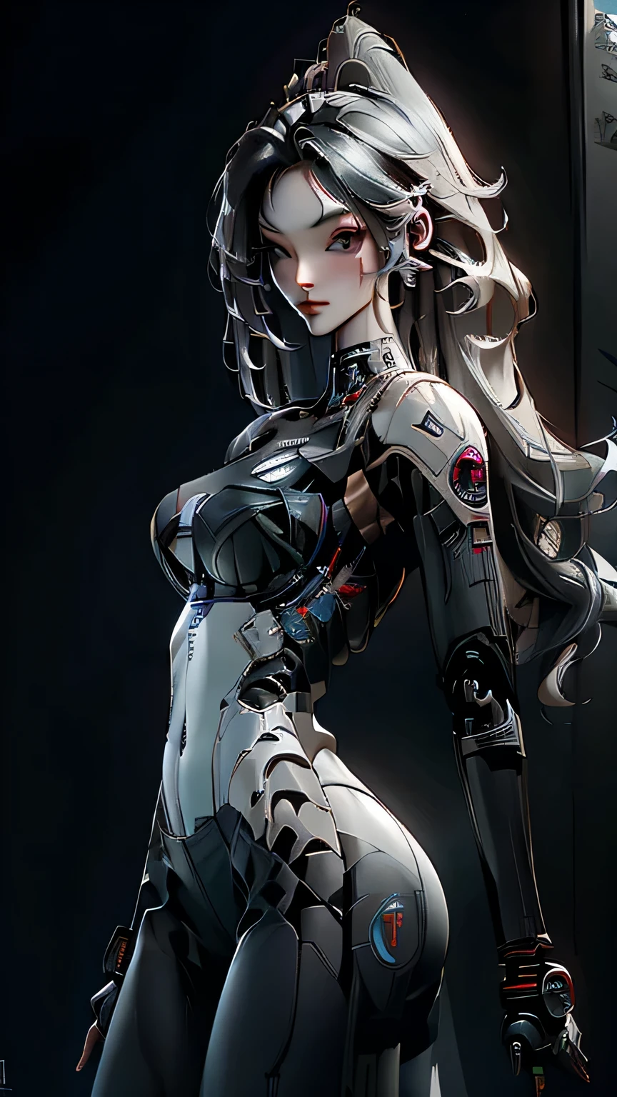 (Female Robocop: 1.0), Beautiful and detailed face with expressive features, (Slender body: 1.2), Slim waist and hourglass figure, (Large breast: 1.4), Thin thigh, (Realistic robot: 1.3), Wearing a fitted exoskeleton, (Skinny body: 1.0), Muscular build, (Fat ass: 1.4), Round and jutting buttocks, (Realistic pistols: 1.4), Wielding two pistols with precision, (Tall stature: 1.5), Standing confidently amongst the ruins of the deserted street, (