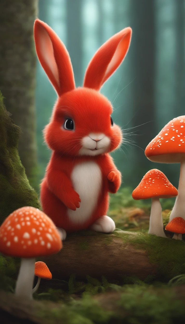 Cute red creature,Similar to a mix of rabbit and carrot, Lovely, solution, hairy, Vague, forest, mushroom, 戴上mushroom帽