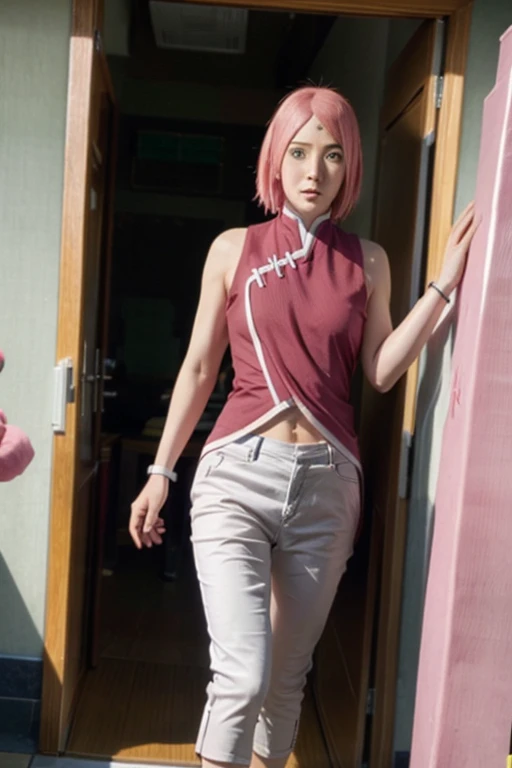 Real life adaption of this character,Asian teen beauty , realistic same hair, realistic outfit, realistic light, realistic shadow, hyper realistic, realism, realistic background,(photorealistic:1.2),green eyes color.
Sakura / Sakura Haruno (Sakura Haruno) / [Boruto: Naruto Next Generation,1girl ,white pants ,best quality ,ultra Higd ,detail realistic ,fighting scene ,action ,sceneHDR pro