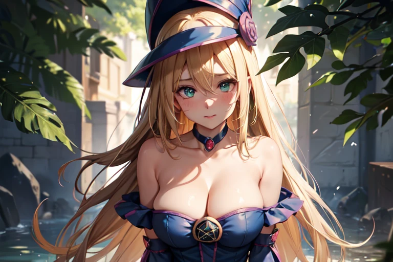 master piece,best quality,ultra detailed,8k,
natural light,realistic skin,glossy skin,(Trapped in a glass bottle:1.4)、Sakura tree in a glass bottle、
(dark magician girl, duel monster, blush stickers, blonde hair, green eyes, long hair, breasts, blush, bangs, large breasts, hair between eyes, pentacle, pentagram, hat, dress, cleavage, bare shoulders, collarbone, choker, blue headwear, wizard hat, bracer, detached sleeves;)、
(the body is very wet:1.5)、glossy lips、Slightly emphasize the lower lip、blush、embarrassed expression、emphasizing the cleavage、twins