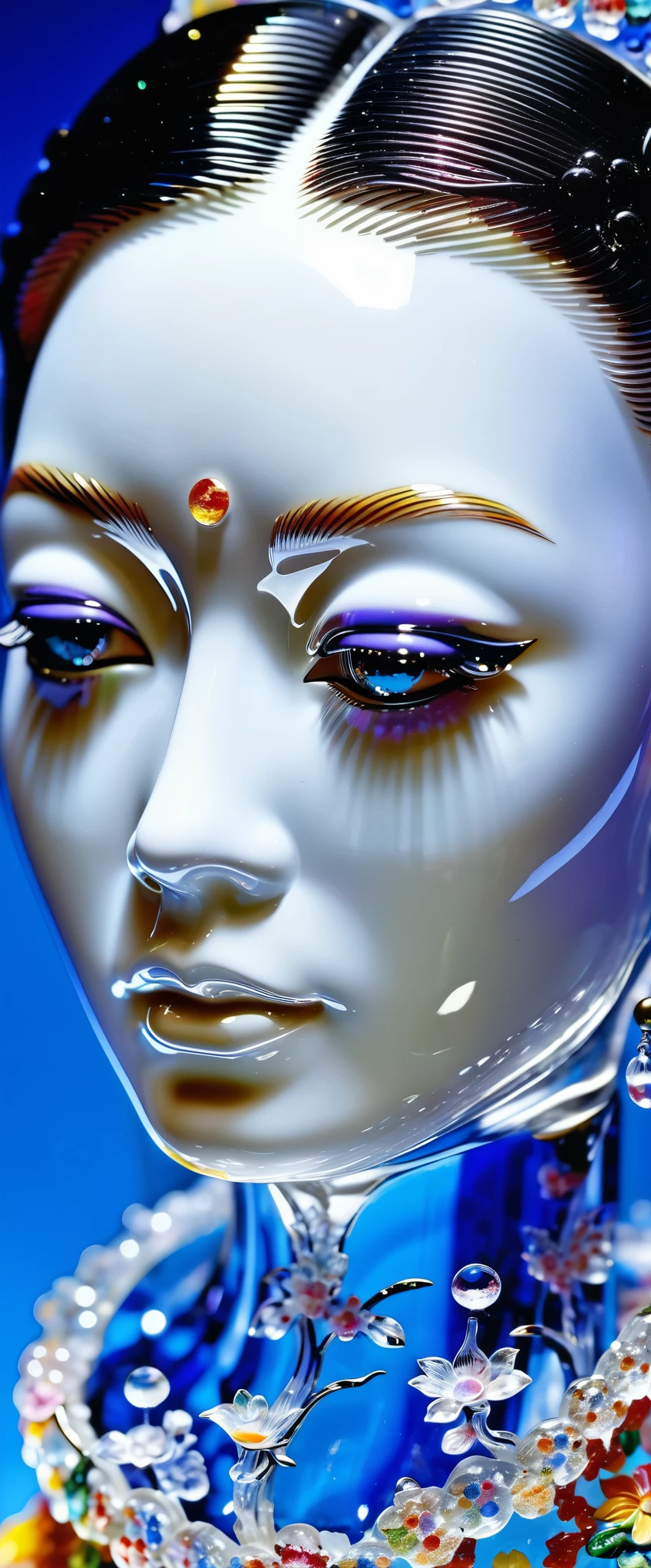 magnificent face in glass and translucent crystal sculpted transparent feminine in crystal and transparent glass with small parts in Chinese porcelain in a surreal landscape in very bright and very colorful cotton there is an astronomical amount of details, very photographic.