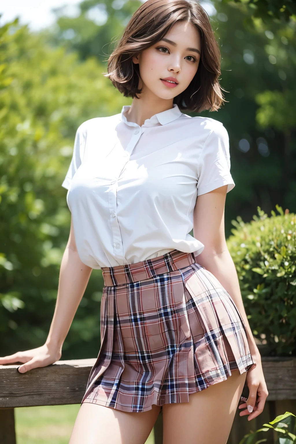 nsfv, 8k raw photo, Best quality, masterpiece, ultra high resolution, granularity, movie, 1 girl, I look at the viewer, natural skin texture, realistic eye and face details, full lips, lipstick, (draw up), red eye shadow, Fluffy short hair, dirty hair, smile, close your mouth, beautiful legs, tall woman, skinny, slim_legs, One, huge breasts, split, Pose with your buttocks towards you., ultra shortcut skirt, is, shirt, beautiful natural place, around the flower place, (detailed background), plaid skirt, white shirt, huge breasts, split, Show a little split through the shirt, loafers, blurred background, blurred, holding, plaid, short sleeves, jk tape on the neck, jk tape, Brown hair, bracelet, water, bang, , Jewelry, parted lips, lips, from the outside, pleated skirt, depth of field. first-person view , face covered in sperm