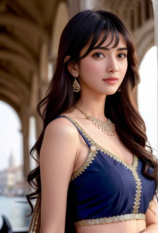 modelshoot style, (extremely detailed CG unity 8k wallpaper), full shot body photo of the most beautiful artwork in the world, stunningly beautiful photo realistic cute women, a hyper realistic ultra detailed photograph of a beautiful girl as a female 2020s dancer on the boat of 2020s Venice,(Bridge Of Sighs background),(princess eyes,shiny pupils), detailed symmetric beautiful hazel eyes, detailed gorgeous face,highly detailed, vibrant,professional majestic oil painting by Ed Blinkey, Atey Ghailan, Studio Ghibli, by Jeremy Mann, Greg Manchess, Antonio Moro, trending on ArtStation, trending on CGSociety, Intricate, High Detail, Sharp focus, dramatic, photorealistic painting art by midjourney and greg rutkowski, face like kriti sannon,  wearing saree and blouse with matching fashion accessories