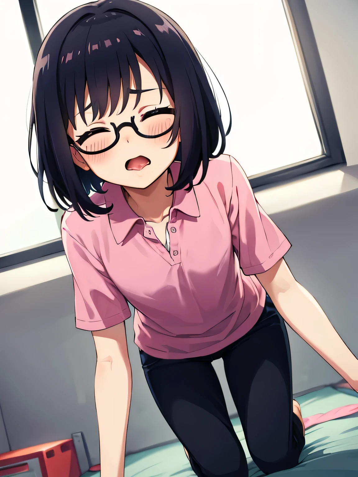 Front Kneeling Sitting On all fours Eyes closed、Open your mouth wide、Sticking out tongue, wearing magenta polo shirt, black pants, adult woman wearing glasses, The exact number of fingers、 Exact number of legs、Exact number of arms、, short hair black hair, (blush:1), cum in mouth, (flat chest),highest quality, High resolution,highly detailed face, Very detailed CG, (perfect hands, perfect anatomy),Hospital examination room throat examination dynamic angle
