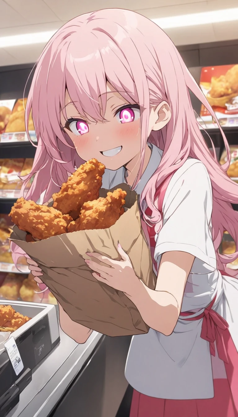(highest quality、masterpiece、High resolution、detailed)animeスタイル、flat style、(Shining eyes、detailed美しい顔), BREAK,1 girl、smile、convenience store clerk、Cashier part-time job、Handing the customer a paper bag containing fried chicken, BREAK,Inside a convenience store、anime