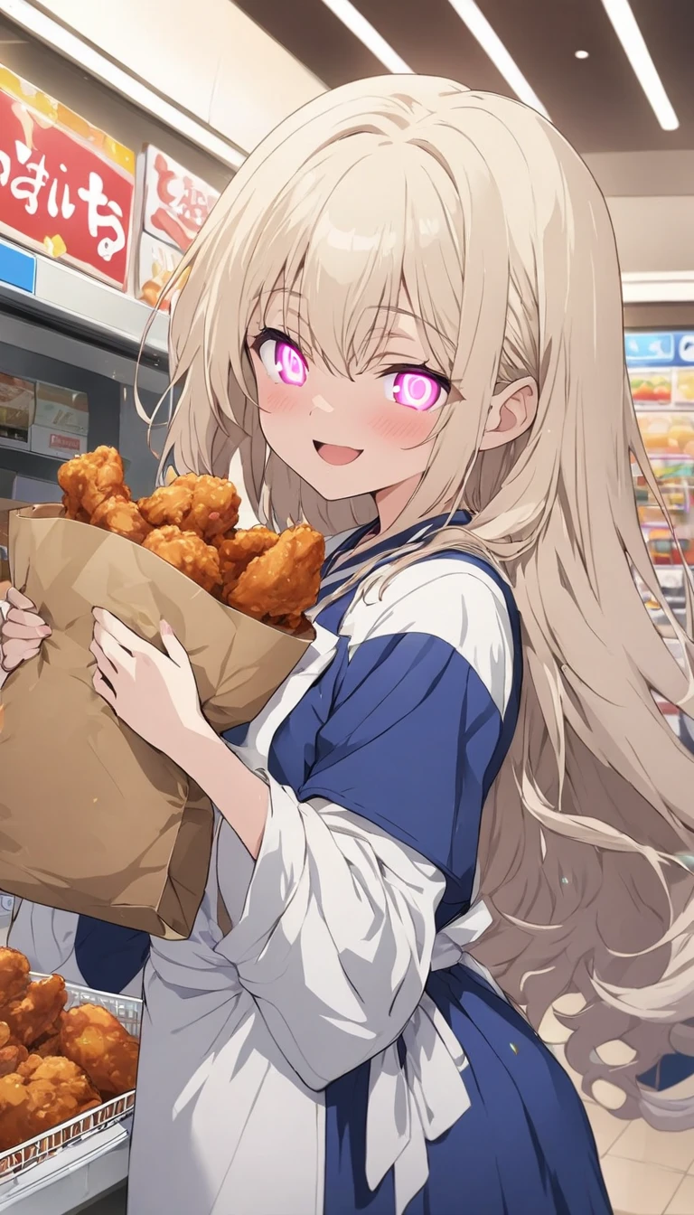 (highest quality、masterpiece、High resolution、detailed)animeスタイル、flat style、(Shining eyes、detailed美しい顔), BREAK,1 girl、smile、convenience store clerk、Cashier part-time job、Handing the customer a paper bag containing fried chicken, BREAK,Inside a convenience store、anime