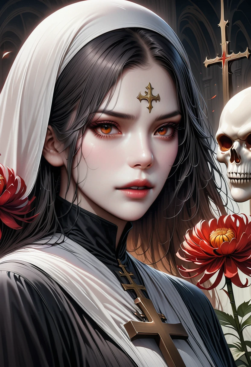 (best quality,4K,8K,high resolution,masterpiece:1.2),ultra-detailed,(realistic,photorealistic,photo-realistic:1.37),Giant cross:1.37,nun,Nun and the Skeleton Godfather in the church,bloody,red lily,red chrysanthemum,flame,light