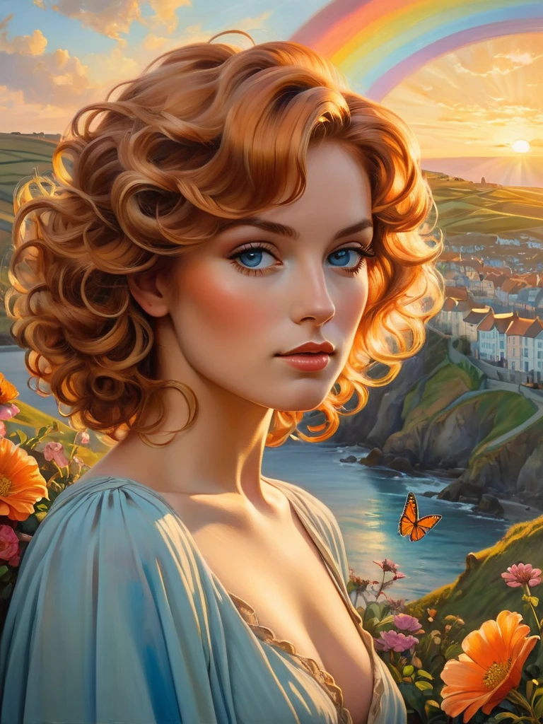 A breathtaking photorealistic oil painting by Greg Rutkowski, inspired by Alphonse Mucha and the Studio Ghibli aesthetic, capturing a 20 yo beautiful British [woman:Farah Fawcett:0.1] with short, curly ginger hair. She stands atop a hill, gazing at the picturesque Cornwall city below. The warm sunset colors create a stunning contrast with the cool blues of the city, as a seagull soars in the sky. A butterfly hovers near vibrant flowers in the foreground, while a rainbow arches across the heavens. The overall atmosphere of the painting is cinematic and evocative, with the composition inviting viewers to immerse themselves in this enchanting scene., cinematic, painting