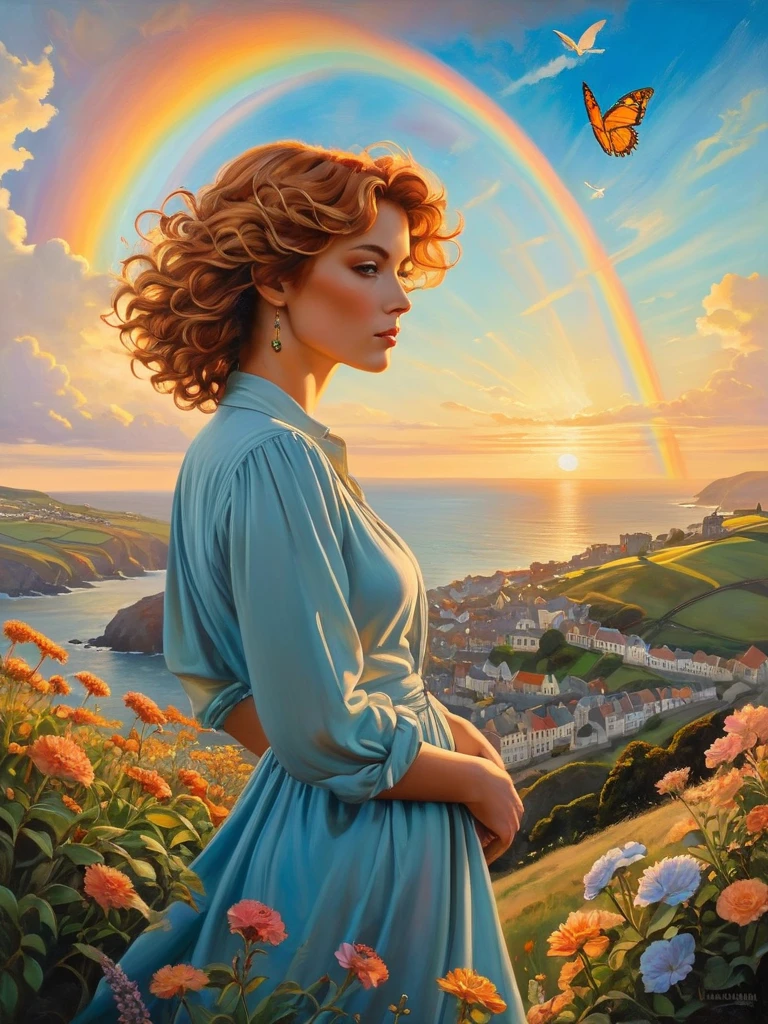 A breathtaking photorealistic oil painting by Greg Rutkowski, inspired by Alphonse Mucha and the Studio Ghibli aesthetic, capturing a 20 yo beautiful British [woman:Farah Fawcett:0.1] with short, curly ginger hair. She stands atop a hill, gazing at the picturesque Cornwall city below. The warm sunset colors create a stunning contrast with the cool blues of the city, as a seagull soars in the sky. A butterfly hovers near vibrant flowers in the foreground, while a rainbow arches across the heavens. The overall atmosphere of the painting is cinematic and evocative, with the composition inviting viewers to immerse themselves in this enchanting scene., cinematic, painting