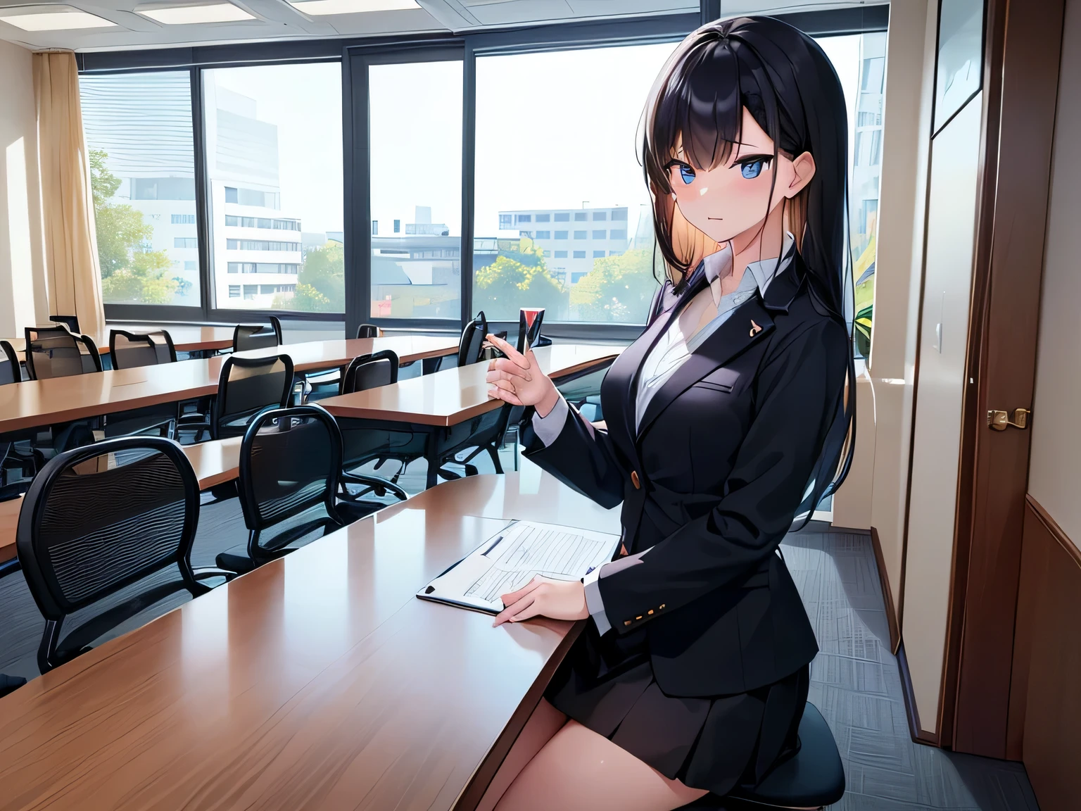 (masterpiece、highest quality、High resolution、realistic pictures、real looking skin:1.1)、
(The woman is the general manager.:1.5)、
(They are having a discussion in the conference room and standing and banging on the table.:1.8)、
(She looks angry and shouting something:1.8)、
(She is wearing a black blazer and a skirt with a slit.:1.8)、
(She is wearing black high heel pumps:1.8)、
(She has long black hair:1.5)、
(The location is a beautiful conference room:1.5)、
1 Japanese girl、solo、full body esbian、beautiful eyes、shining eyes、Shining thighs、NSFW