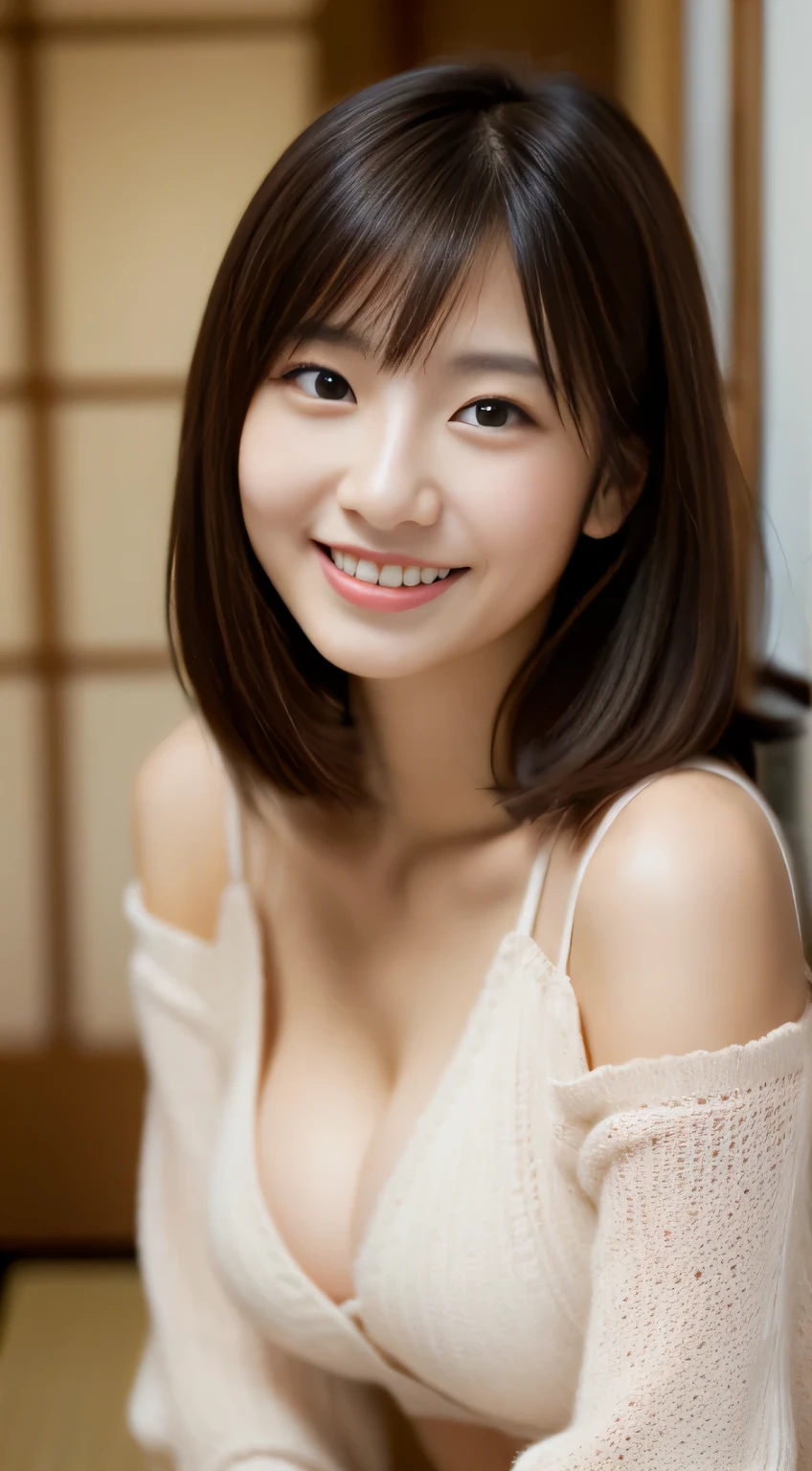 masterpiece,best quality,(Japanese ),((Beautiful girl)),cleavage,indoor,(perfect body beauty:1.2),(shy smile),beautiful teeth,