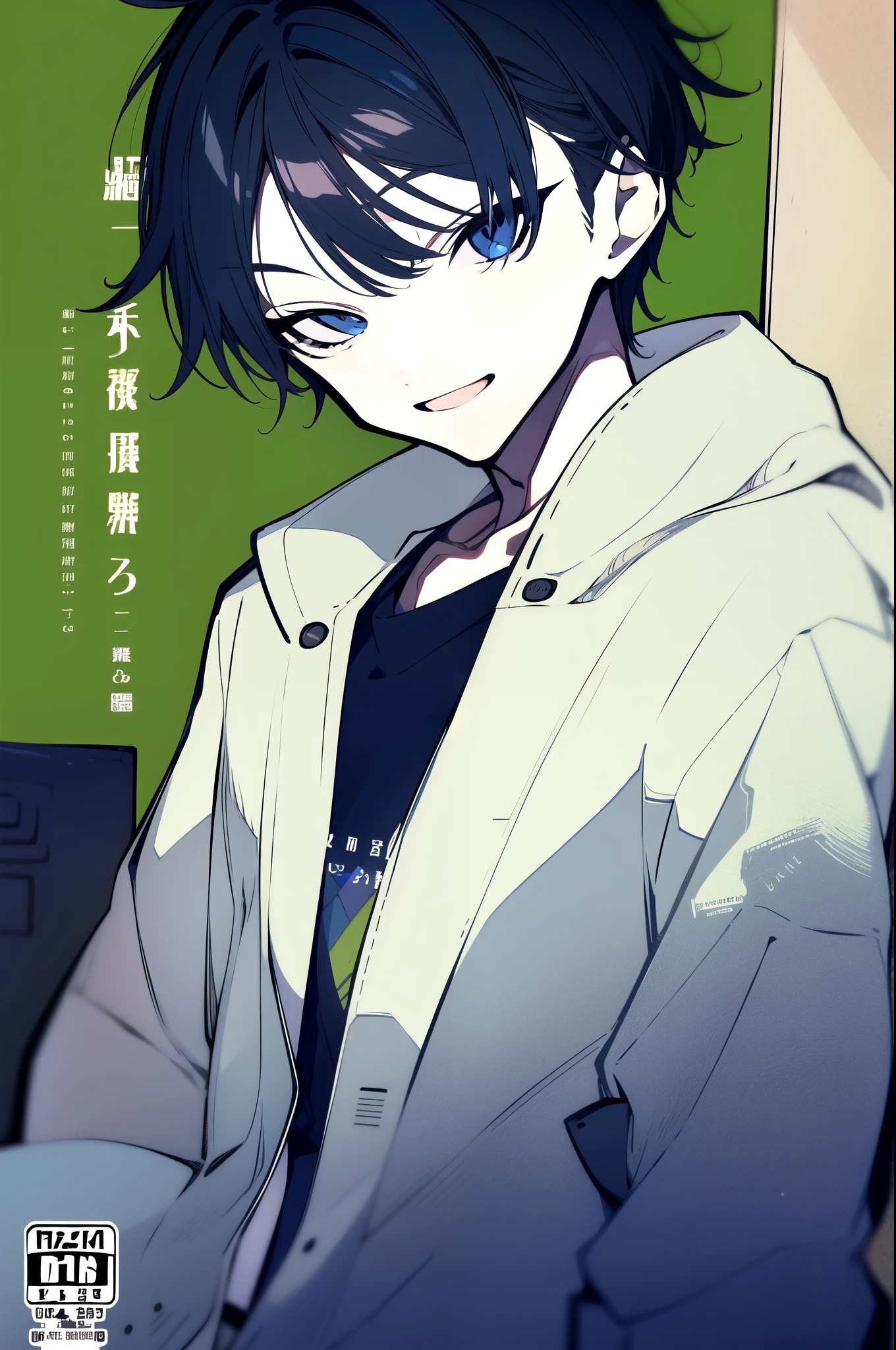 (best quality, masterpiece:1.2), 1boy, bangs, messy hair, shonen, smile, indigo_hair, open_jacket, simple_background, cover_page