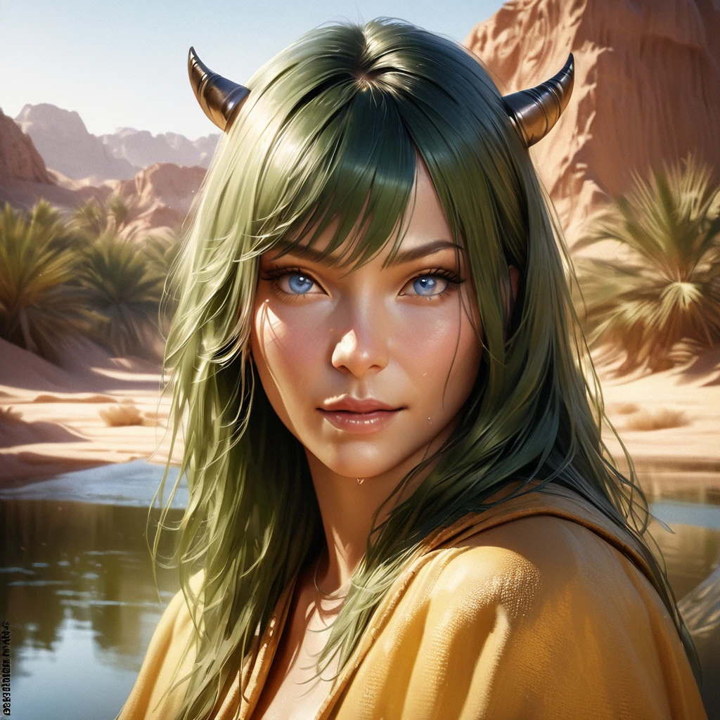 (best quality,4k,8k,highres,masterpiece:1.2),ultra-detailed,(realistic,photorealistic,photo-realistic:1.37),desert,oasis,small lake,yellow poncho,joyful,looking at the viewer,scorching sun,wiping sweat,blue eyes,dark green hair,tiny tiger-striped horns