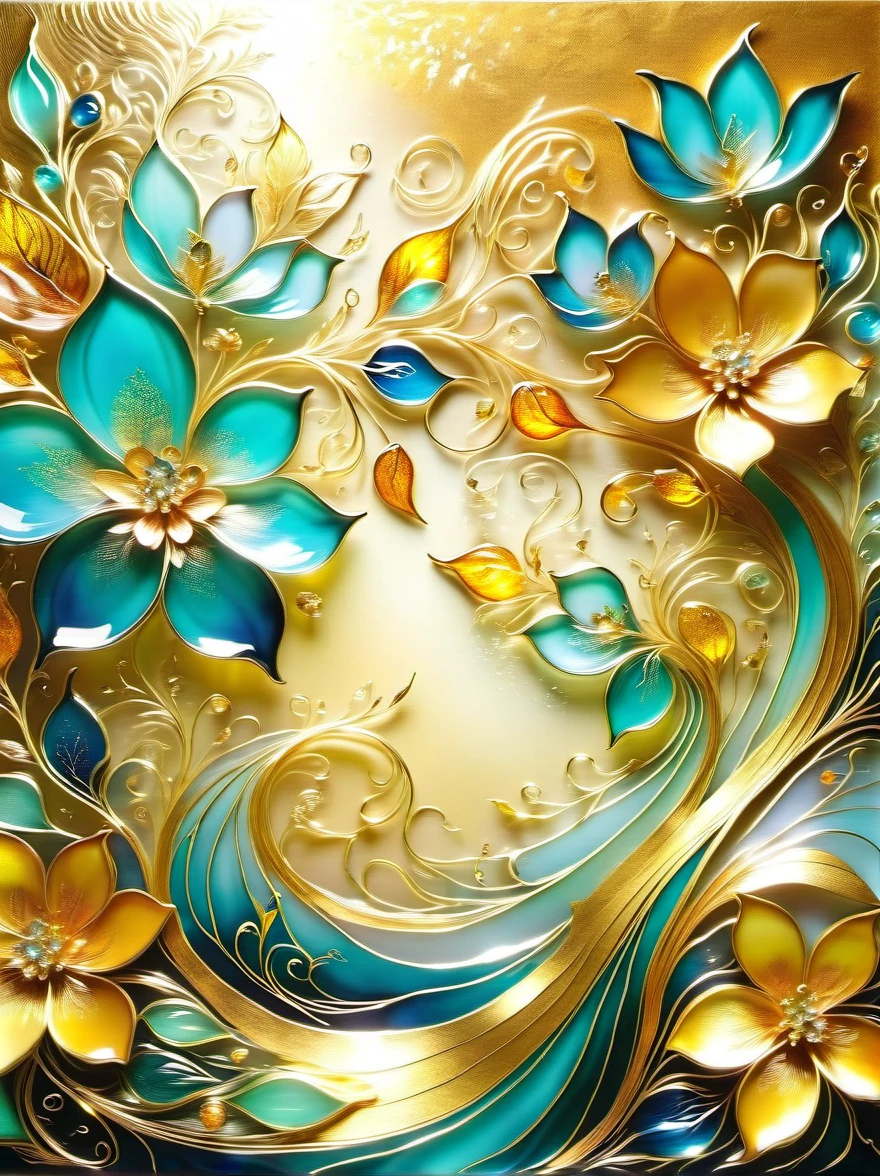 (Gold Leaf Art:1.6), A delicate vase made of artistic Murano glass with gold leaf,Various shades of gold foil colors shimmer in the golden morning sun,The beautiful pattern on the vase is like the graceful curves of gold foil,Like a melody in a dance,(The vase is filled with delicate gold leaf art flowers:1.5),As if under the charming charm of nature,They bloom into life in a whimsical magical garden