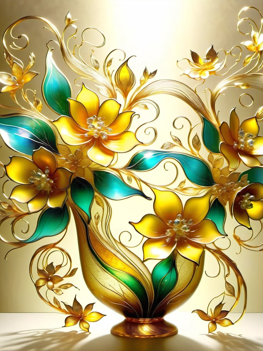 (Gold Leaf Art:1.6), A delicate vase made of artistic Murano glass with gold leaf,Various shades of gold foil colors shimmer in the golden morning sun,The beautiful pattern on the vase is like the graceful curves of gold foil,Like a melody in a dance,(The vase is filled with delicate gold leaf art flowers:1.5),As if under the charming charm of nature,They bloom into life in a whimsical magical garden