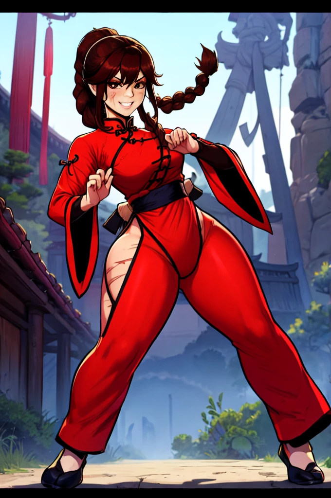 Beautiful woman high quality hyper detailed masterpiece best quality curvy woman huge breasts thin waist wide hips thick thighs curves , in highly low-cut clothes smiling background Perfect anatomy good anatomy beautiful female face, ass, sample, shame, laughed, lei kugo, solo, live a live, chinese clothes, traditional clothes, action pose, full body, brown hair, braided hair, martial arts, action pose, (1girl), medium breasts, ((red chinese clothes)), wanderer, traditional clothes, fighter clothes, pants, gauntlets, elbow gloves, fingerless gloves, full body,(( brown hair)), bread ponytail, braided hair, ((( cross scars on face)), hourglass figure, female, action pose, martial arts, kung fu, background, mountain, imperial chinese, inspired by Masamune Shirow & studio gainax,