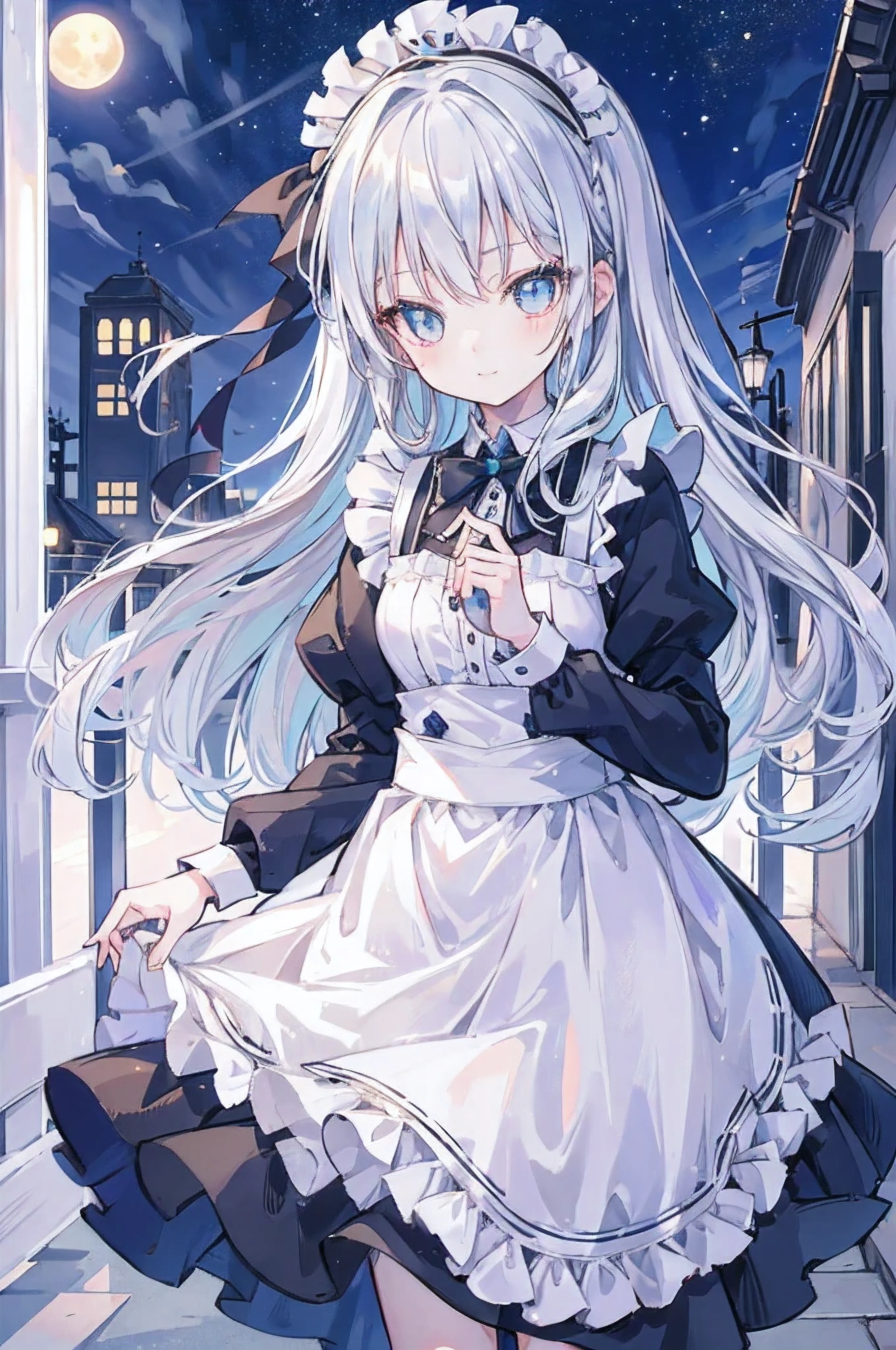 (best image quality), 1 girl, 2 2D, anime, night, city, masterpiece, (beautiful moon), light blue eye, silver hair, beautiful eye, Rich expressiveness, big smile, close ~ eye, Maid clothes, frills