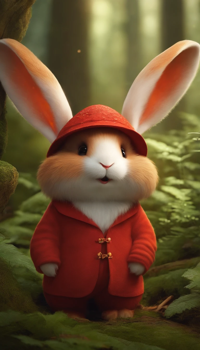 Cute red creature,Similar to a mix of rabbit and carrot, Lovely, solution, hairy, Vague, forest, mushroom, 戴上mushroom帽