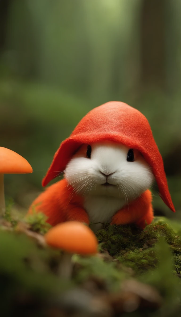 Cute red creature,Similar to a mix of rabbit and carrot, Lovely, solution, hairy, Vague, forest, mushroom, 戴上mushroom帽