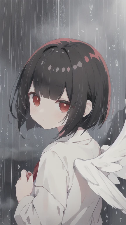 Moe illustration,1 person,(black hair,red eyes,bob hair,Patsun bangs,Angel of),rainy season,