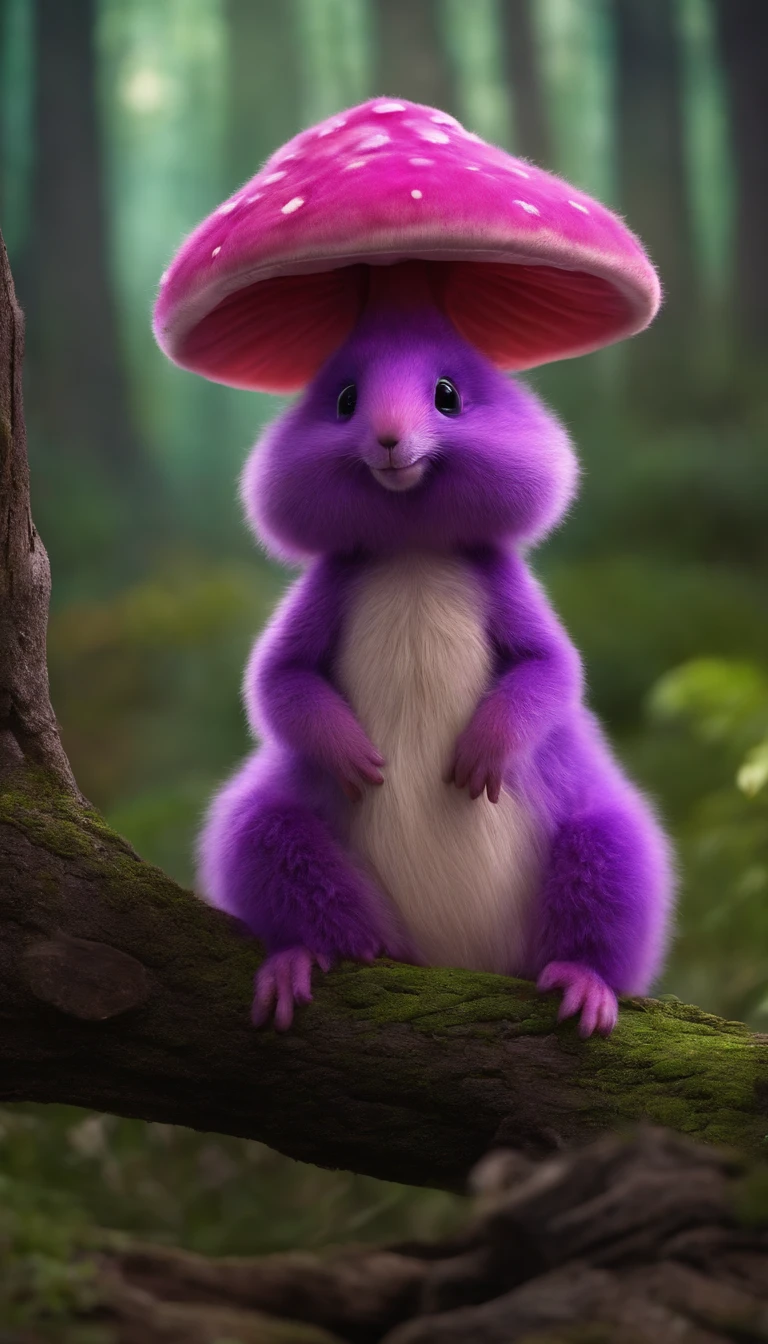 adorable purple and pink creature,Semelhante a uma mistura de coelho e cenoura, cute, fofo, peludo, Felpudo, Floresta, Cogumelos, Wear a mushroom hat