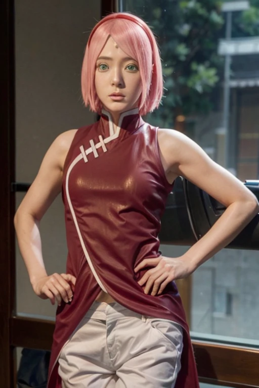 Real life adaption of this character,Asian teen beauty , realistic same hair, realistic outfit, realistic light, realistic shadow, hyper realistic, realism, realistic background,(photorealistic:1.2),green eyes color.
Sakura / Sakura Haruno (Sakura Haruno) / [Boruto: Naruto Next Generation,1girl ,white pants ,sexy pose ,best quality ,ultra Higd ,detail realistic ,sceneHDR pro
