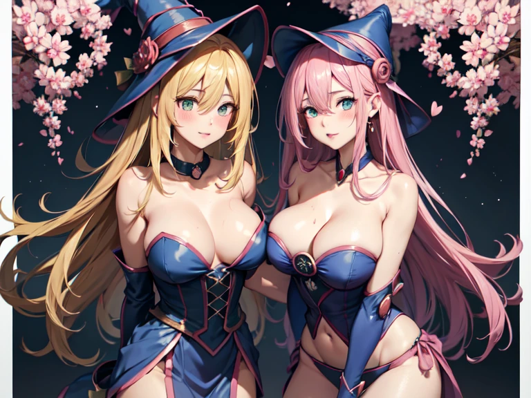 master piece,best quality,ultra detailed,8k,
natural light,realistic skin,glossy skin,(Trapped in a glass bottle:1.4)、Sakura tree in a glass bottle、
(dark magician girl, duel monster, blush stickers, blonde hair, green eyes, long hair, breasts, blush, bangs, large breasts, hair between eyes, pentacle, pentagram, hat, dress, cleavage, bare shoulders, collarbone, choker, blue headwear, wizard hat, bracer, detached sleeves;)、
(the body is very wet:1.5)、glossy lips、Slightly emphasize the lower lip、blush、embarrassed expression、emphasizing the cleavage、Seductive Twins