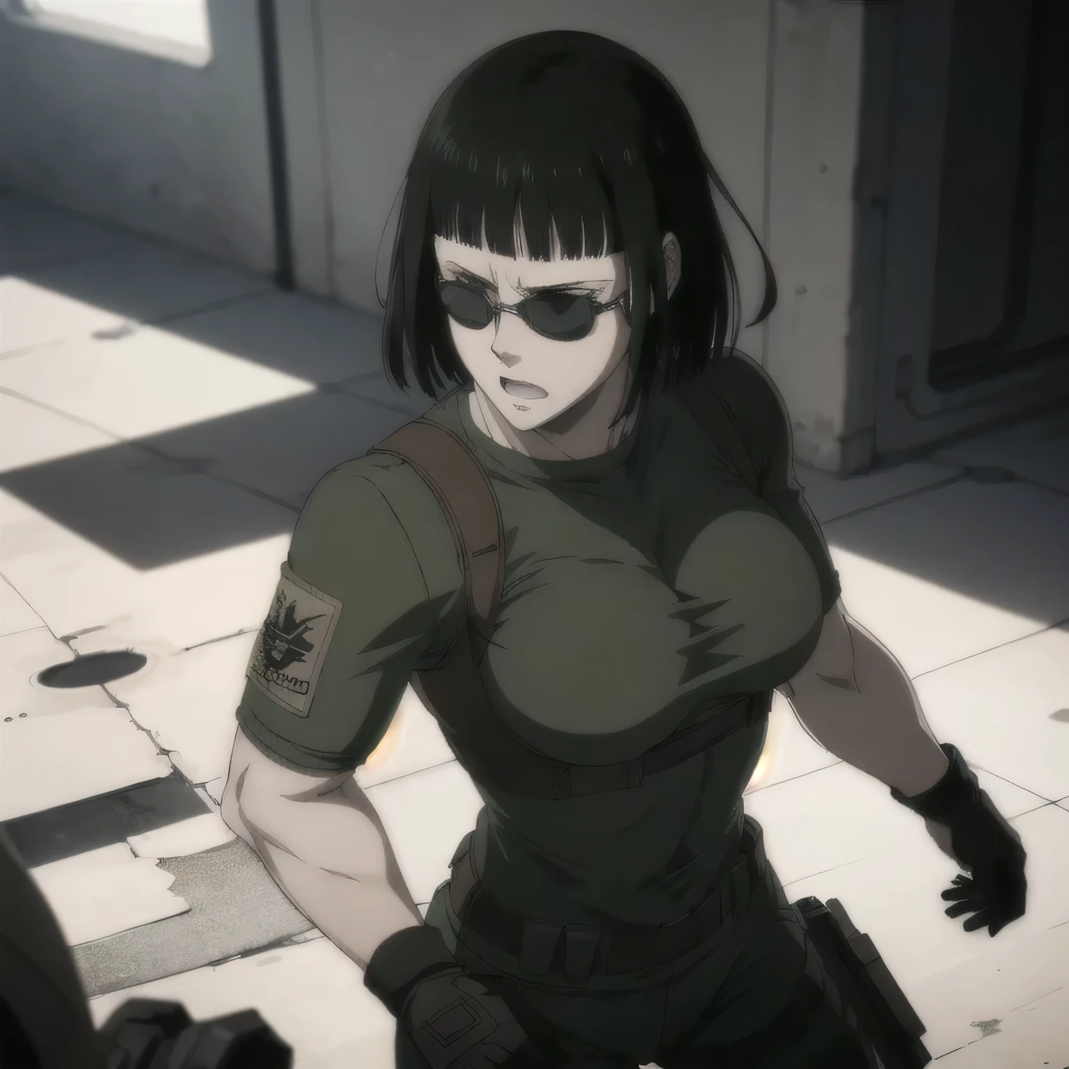 (best quality,ultra-detailed,realistic:1.37),musclaur badass girl wearing Tight T-shirt and Camouflage combat trousers, full review of the female character's face and body, intense expression, strong and confident posture, studio lighting, vivid colors, physiologically-based rendering, grungy texture, rugged background, dust particles in the air, commanding presence, professional, powerful, gritty aesthetics,,Valmet،short hair,